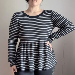 Hinge Blue Striped Knit Peplum Sweater Size Large